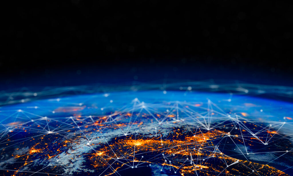 A digital representation of global internet connectivity, showing a view of Earth from space with interconnected network lines and illuminated city hubs, symbolizing innovation, scalability, and performance in the internet industry.